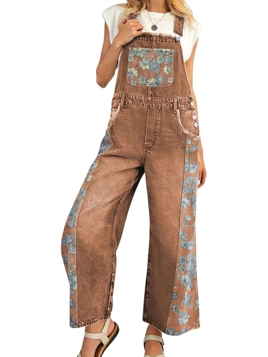 Denim - Brown Floral-Trim Denim Wide Leg Overalls for Women. Size Medium